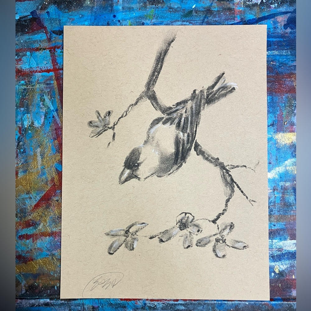 Original Bird wildlife art handmade charcoal pastel painting nature Artettina